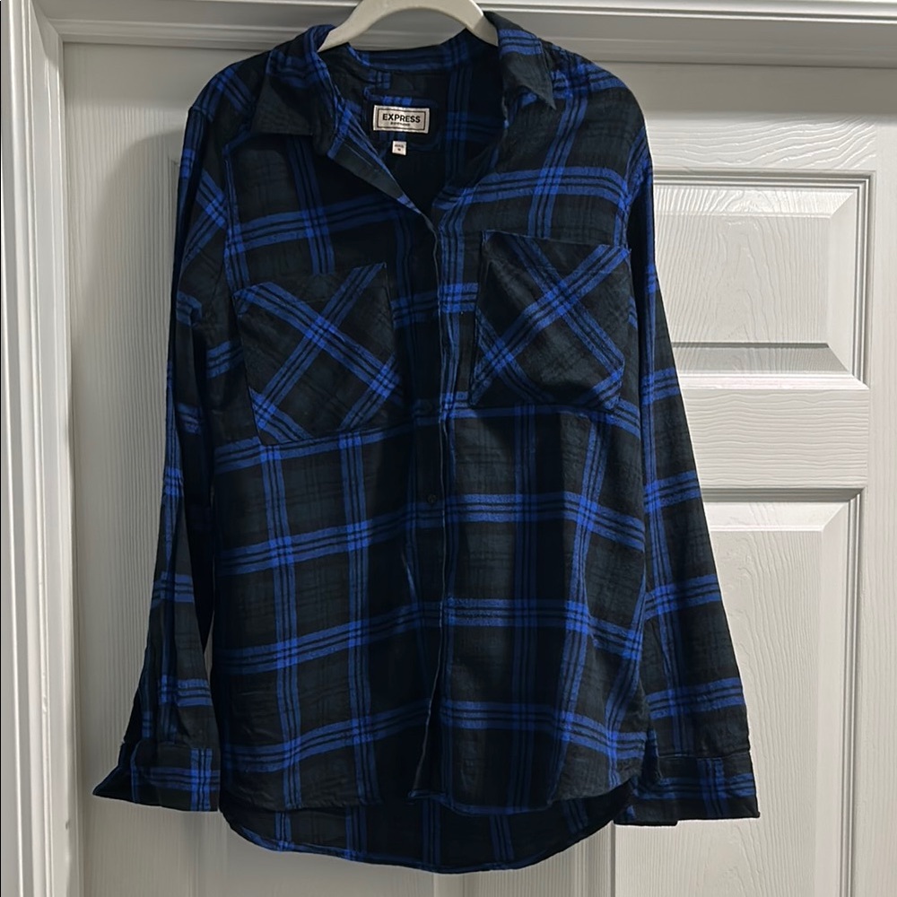 Express Blue and Black Casual Button Down Shirt